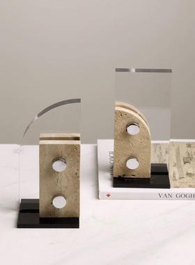 简约现代洞石书档书靠摆件创意几何样板间书房书柜杂志书架装饰品