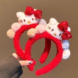 可爱红色蝴蝶结kitty毛绒发箍女秋冬洗脸敷面膜头箍圣诞新年头饰