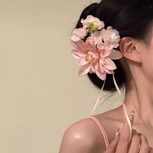 春桃粉雾超仙气质女森系氛围感唯美发夹粉色花朵丝带侧边夹头饰
