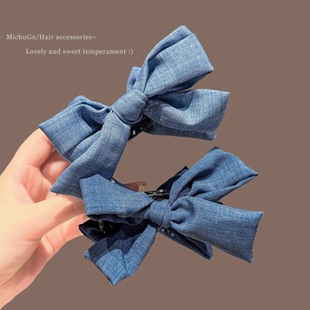 发卡子头饰夏季 复古牛仔蓝蝴蝶结发夹女款 丸子头抓夹网红2025新款