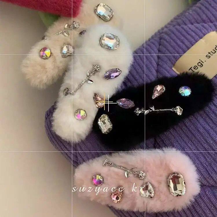 甜酷毛绒发夹粉色宝石毛毛秋冬新品头饰刘海可爱毛绒绒发卡发饰女