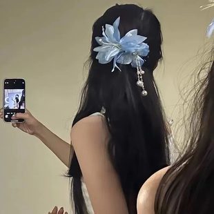 超仙蓝色花朵珍珠流苏发夹森系甜美气质盘发鸭嘴夹度假风拍照头饰
