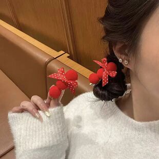 新年氛围感韩版糖葫芦红色毛球发夹喜庆侧边夹子波点蝴蝶结发饰女