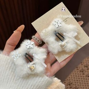 冬日氛围纯白雪花五角星毛绒绒bbBB可爱甜美侧边发饰刘海夹发饰女
