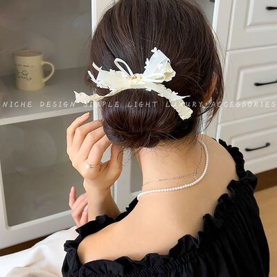 头上爆款轻奢方形洋气小众夏日清可爱蝴蝶结发夹马尾头饰蕾丝蝴蝶