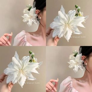 森系氛围感新款 百合花超仙发夹侧边拍照发卡度假仿真花朵头饰发饰