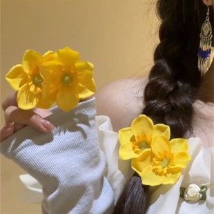 百花初春新款 明媚黄色花朵发夹氛围感侧边碎发夹头花盘发发饰发卡