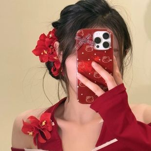 新款 蝴蝶兰鲜花温柔气质红色花朵甜美氛围感拍照发饰度假风头饰