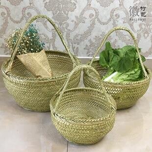 鸡蛋手工买菜篮子手提藤编竹编小竹篮编织老式 圆形购物篮装 家用