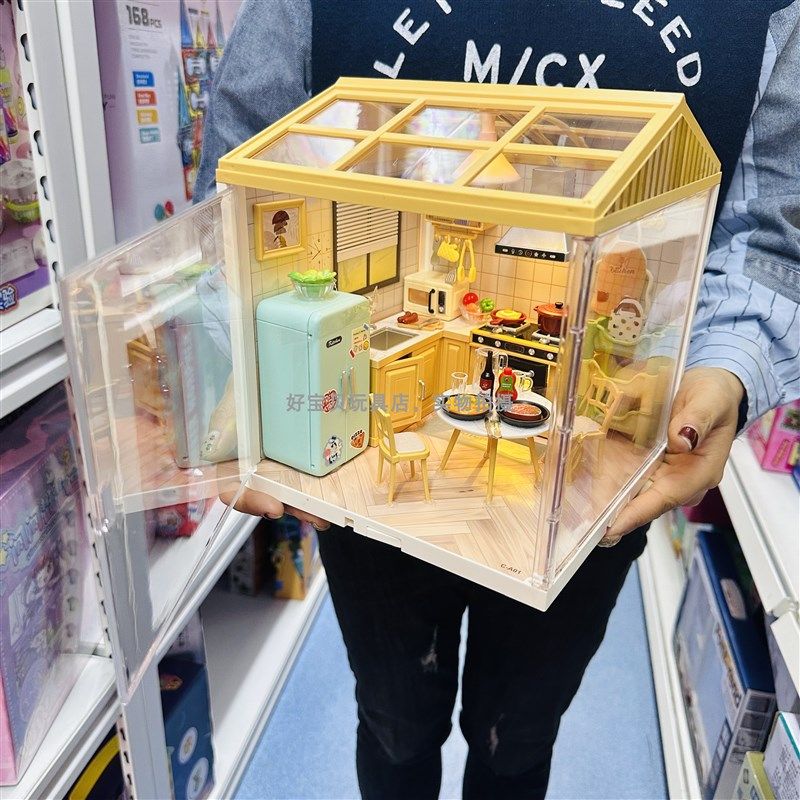 DIY大城小镇温馨卧室迷你厨房奶茶商店场景小屋拼装模型积木玩具