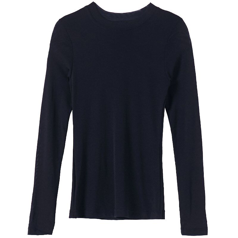 高级感黑色网纱T恤春秋女长袖薄款紧身纱衣高弹力中领打底衫微透