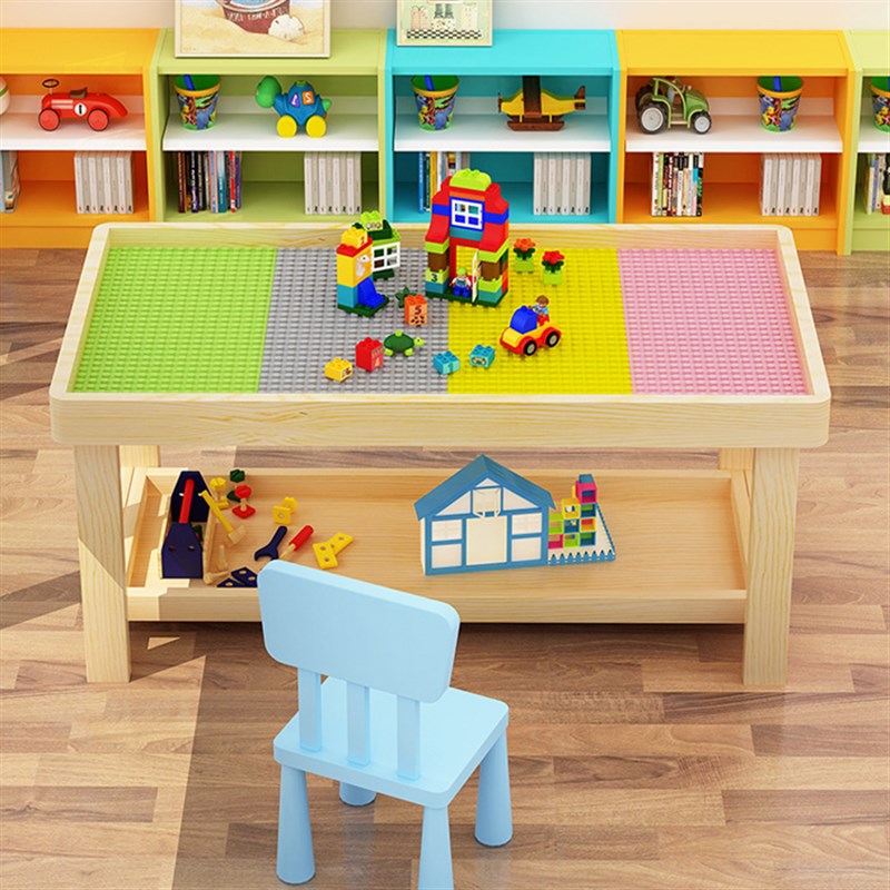 实木积木桌子多功能儿童大小颗粒宝宝拼装玩具益智大尺寸带桌收纳