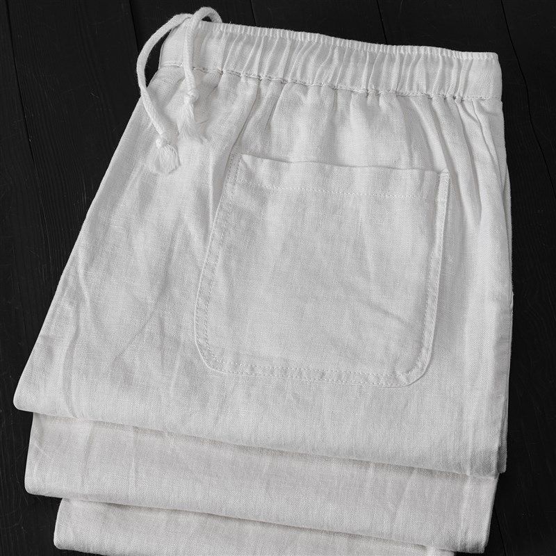 夏季白色纯亚麻小脚口九分裤 轻薄透气吸湿排汗抽绳松紧腰直筒裤,男装,休闲裤,淘宝优惠券,粉丝福利购,淘宝优惠卷