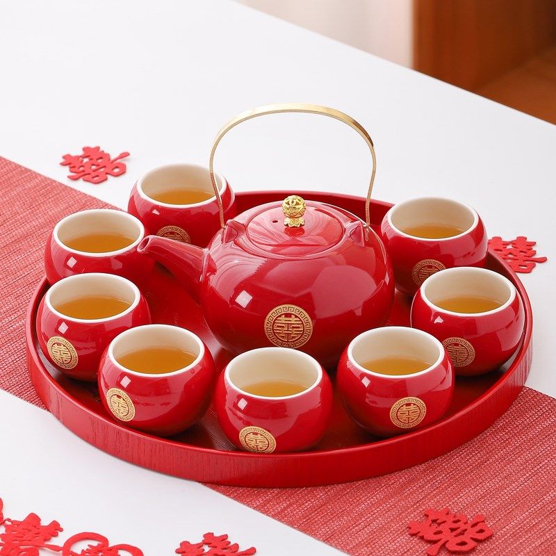 敬茶杯结婚庆订婚中式改口新娘陪嫁托盘茶壶功夫茶具红色套装礼盒