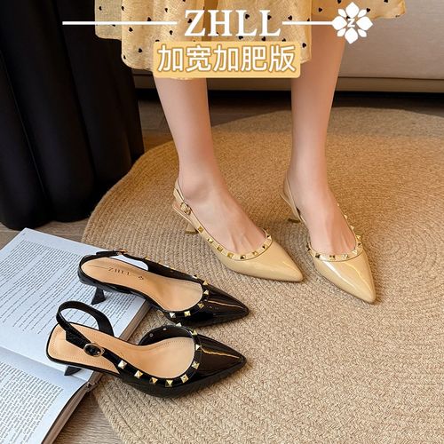 包头凉鞋一字带新款夏季高跟鞋胖脚宽柳钉尖头单鞋大码女鞋41到43