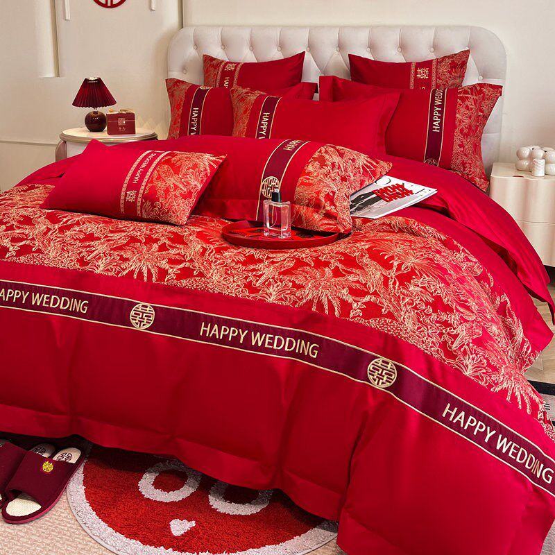 A类高档中式结婚床上用品四件套简约红色床单纯棉喜被新婚庆被套4