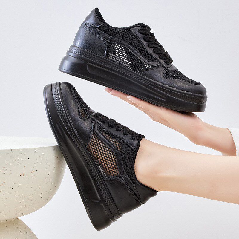 小码女鞋313233新款单层网面镂空透气黑色百搭内增高运动鞋女夏季