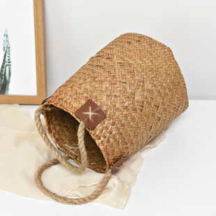 天然草编手提篮干花篮桌面装饰花盆置物篮草编筐特大水果篮子藤编