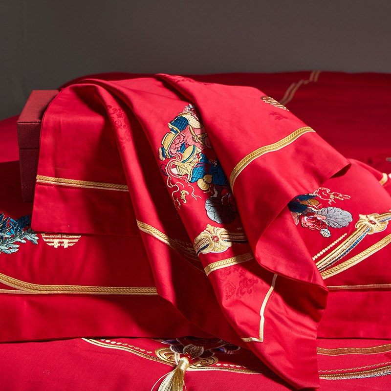 中式婚庆140S全棉提花四件套百子刺绣结婚全棉大红色被套床上用品