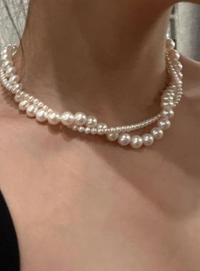 甜蜜辣酱Xu双层缠绕珍珠项链颈链女轻奢高级设计感小众锁骨链短款