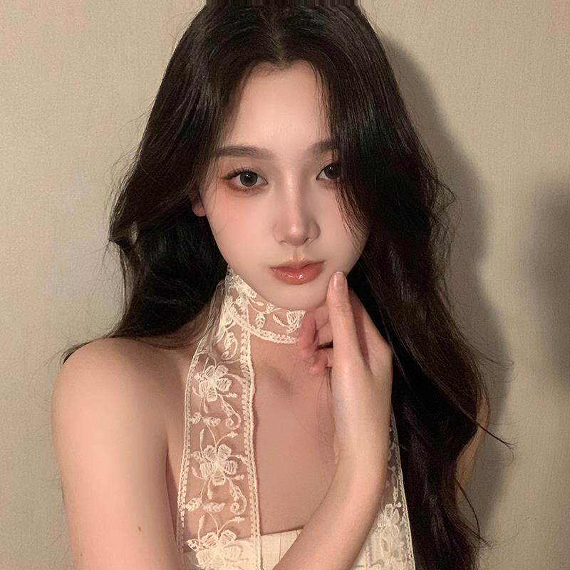 BXA夏季黑色蕾丝度假风丝巾花纹丝带小众设计颈带领巾女飘带围脖