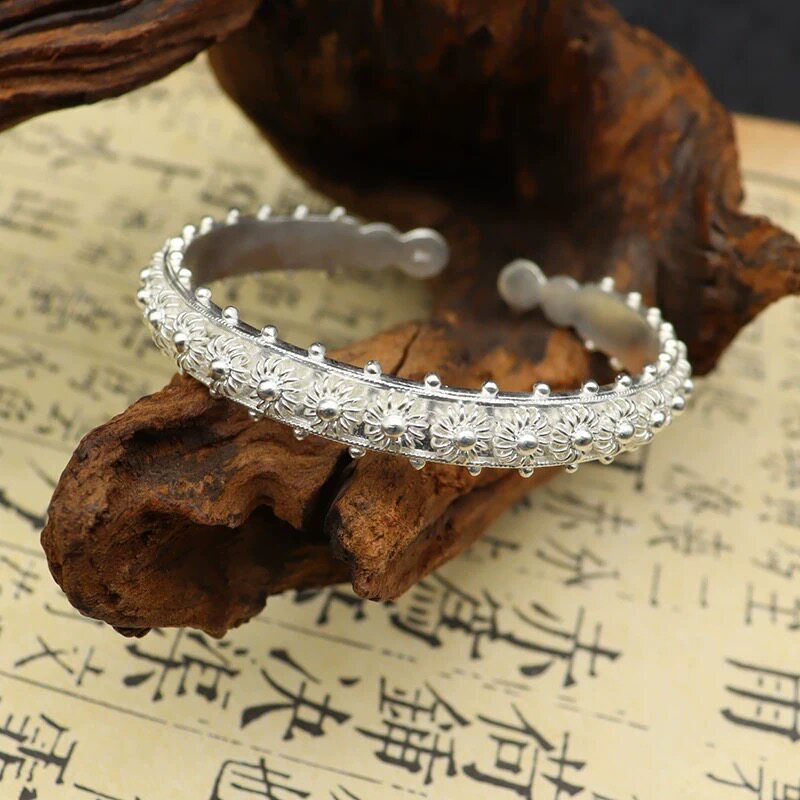 松花缀月新中式银色花丝高级感开口手镯简约时尚复古时尚百搭首饰