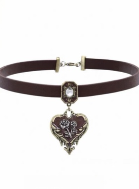 复古摩登千金女孩焦糖爱心玫瑰皮革锁骨链个性项链高级感时尚颈链