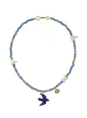 原创设计海风飞鸽串珠石鸽子撞色锁骨链项链女蓝色清新锁骨链项链