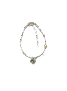 爱心条纹珍珠串珠手链女精致百搭高级感时尚气质爱心吊坠银色手链