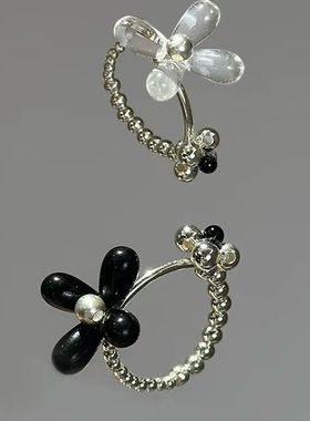 小众设计感黑白双生花朵开口戒指灵动优雅甜美可爱百搭指尖浪漫