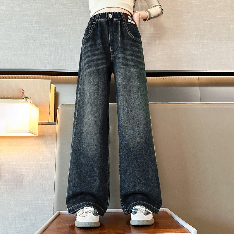 女童牛仔裤春秋装2024新款洋气儿童直筒裤秋季女大童阔腿裤初中生