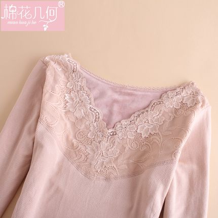 保暖内衣女加绒加厚发热秋衣蕾丝美体紧身肉色打底衫单件上衣冬季