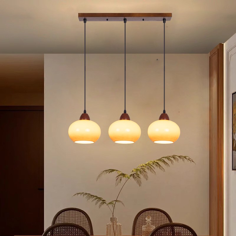 餐厅吊灯三头餐桌灯新款胡桃木中古风长条灯饭厅灯创意家用餐厅灯