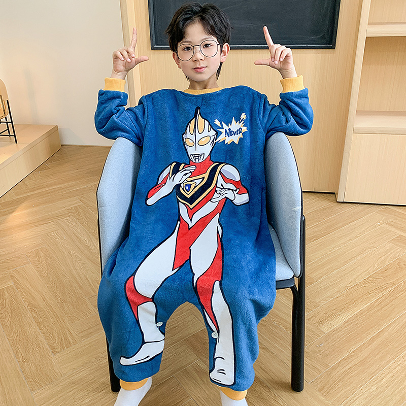 奥特曼睡衣男童家居服珊瑚绒冬季法兰绒哈衣儿童连体衣男宝宝睡袋