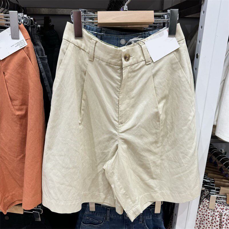 日单女装麻混纺打褶短裤西裤 2024夏季新款简约休闲直筒裤470436
