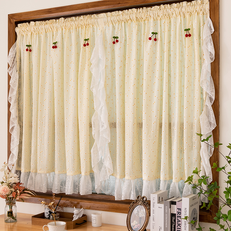 奶油色法式蕾丝荷叶边田园小碎花雏菊窗帘公主风卧室飘窗门帘隔断