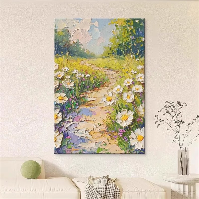 纯手绘油画肌理立体小雏菊客厅装饰画欧式梵高花卉正对门玄关挂画图片