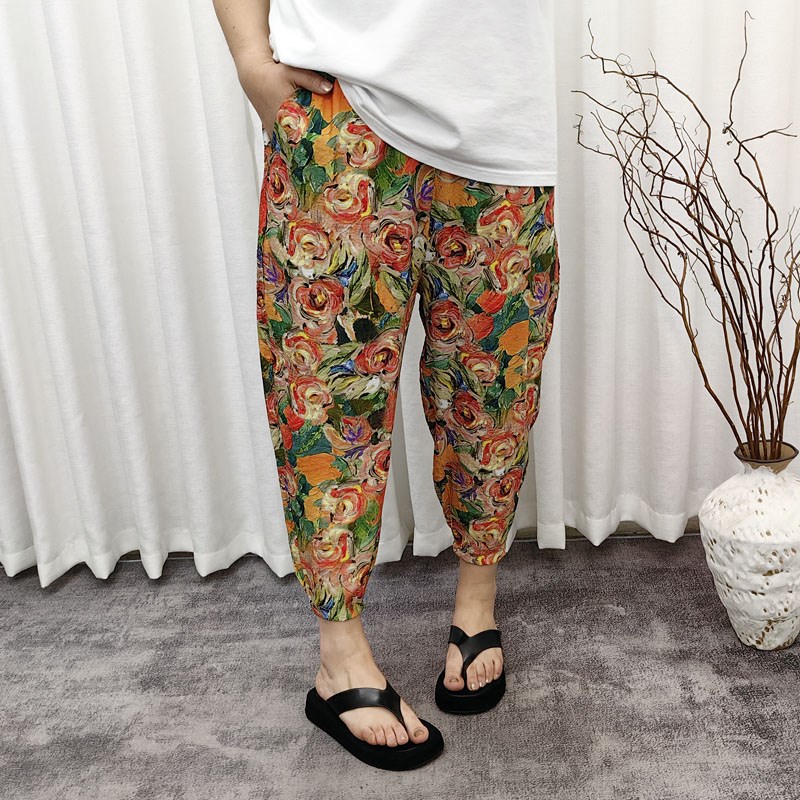 夏天大码胖mm宽松遮肉油画花朵时髦薄料休闲哈伦裤小脚九分裤女裤