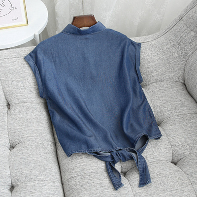 夏季新款天丝棉牛仔衬衫女短袖薄款有垂感凉快短外套打结上衣