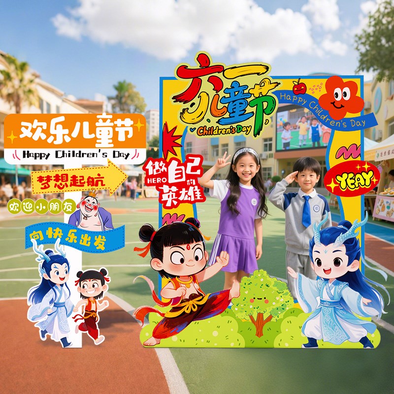 幼儿园六一场景布置氛围装饰儿童节哪咤主题拍照道具kt板立牌相框