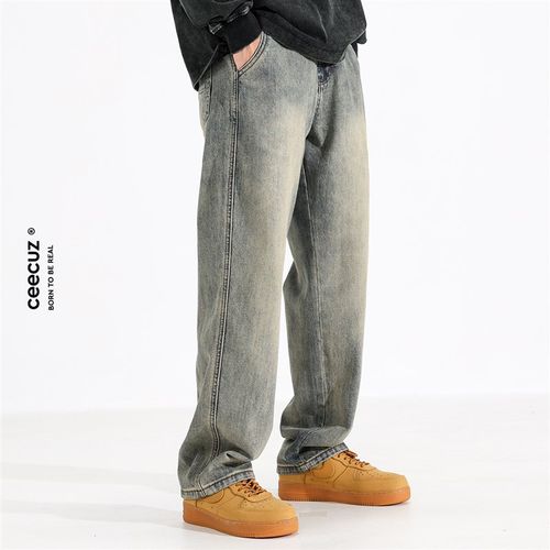 Ceecuz复古黄泥染直筒牛仔裤男款春季宽松复古做旧水洗休闲长裤子