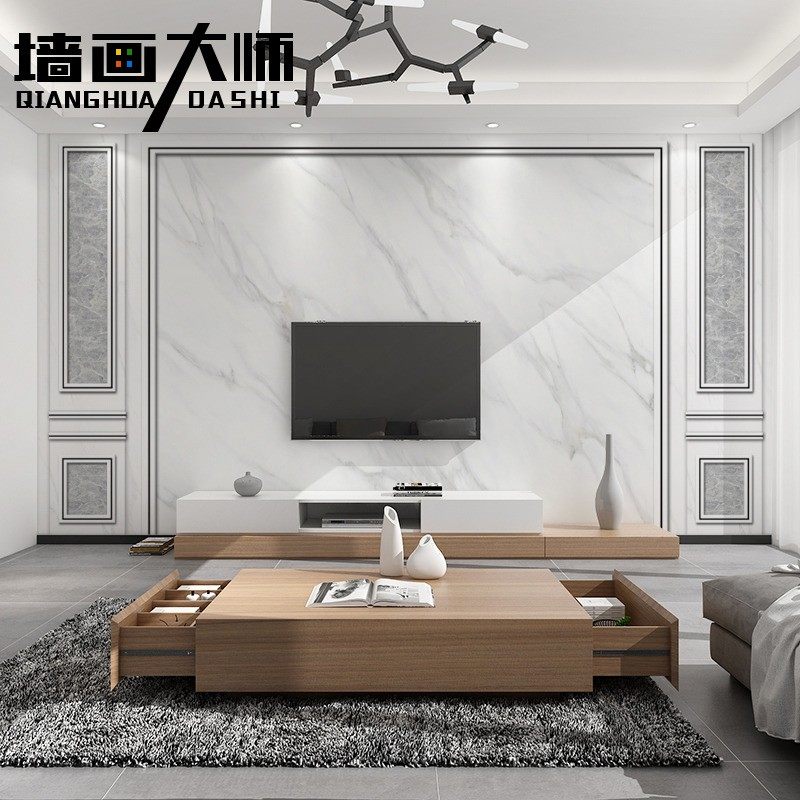 简约现代边框五宫格仿大理石纹电视背景墙壁纸客厅墙布影视墙纸