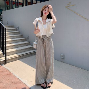 薄款 衬衫 条纹阔腿裤 现货 2C135 新款 两件套装 5091P110K168 夏装
