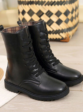儿童马丁靴男童儿童单s靴子新款黑色学生军训表演短靴靴子