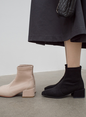 2021新款网红春秋单靴r粗跟中跟方头黑色短靴子女马丁靴弹力瘦瘦