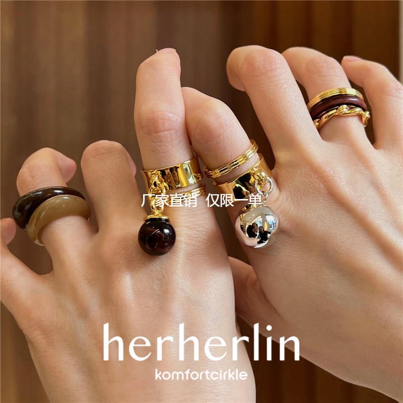 HERHERLIN 素纹双层吊珠红虎眼石纽结戒指个性百搭原创小众指环