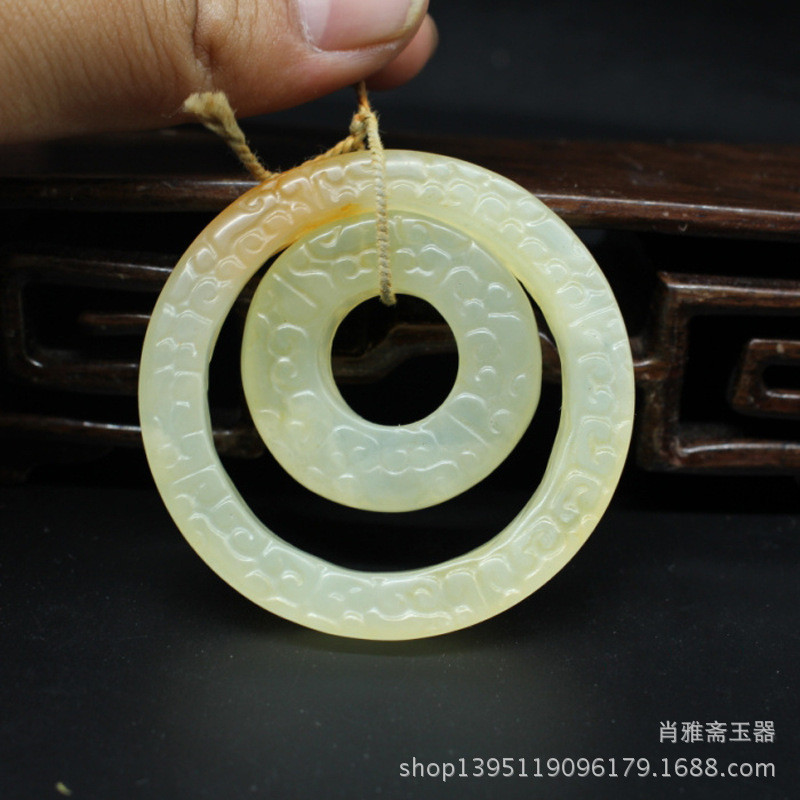 古玩玉器仿古岫玉环吊坠勾云纹双连环玉璧吊坠玉环挂件袈裟环吊坠