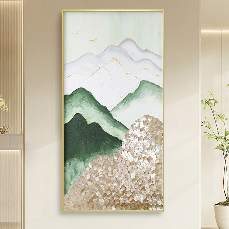 高档手绘艺术风景油画入户玄关贝壳装饰画办公茶室禅意竖挂画壁饰图片
