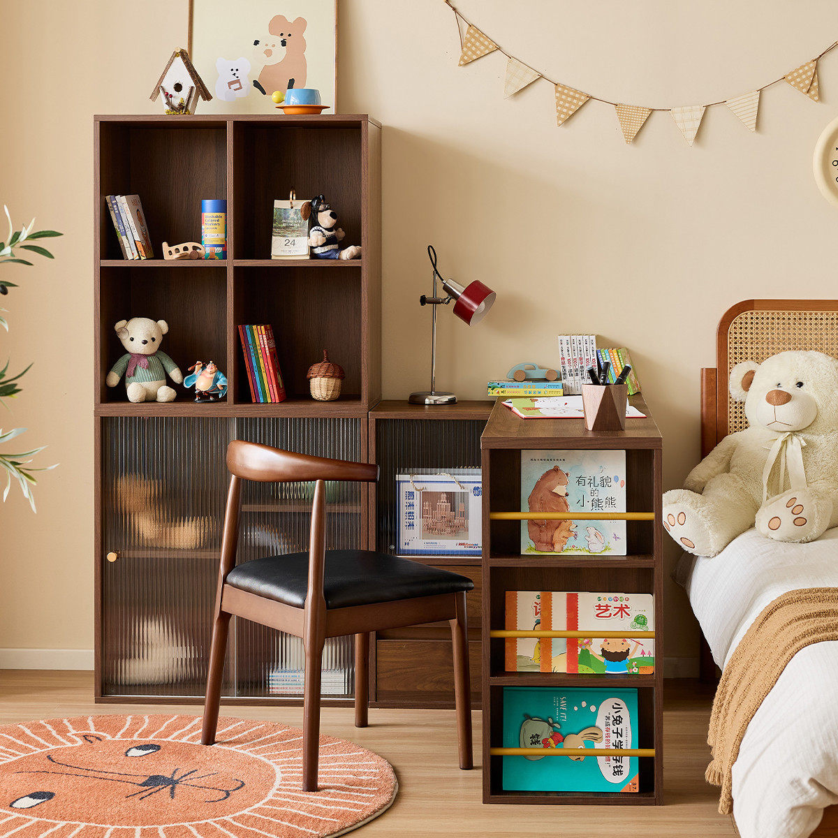 懒生活书柜实木组合带玻璃门客厅展示柜书房书桌转角儿童伸缩书柜