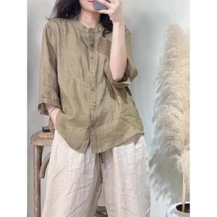 薄款 新品 女夏季 棉麻五分袖 通勤休闲妈妈立领衬衣显瘦纯色亚麻 衬衫